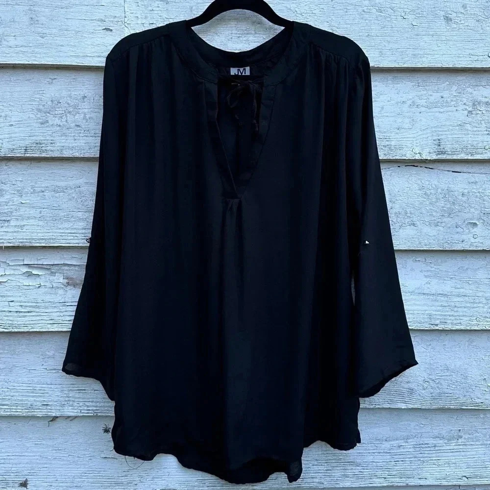 Jonathan Martin, bohemian Tie Blouse light weight sheer black plus size 3X